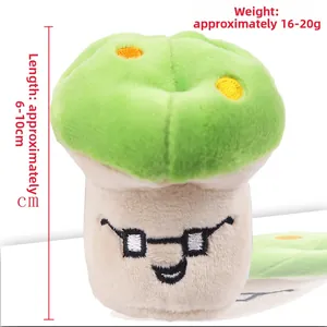 Macro detail of a green plush squeaky toy showing 6-10cm size and 16-20g weight data