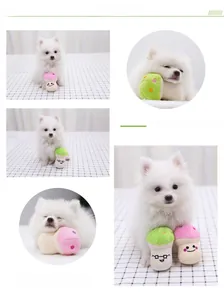 Detail of soft plush mushroom dog toy with cute embroidery and small pet interaction