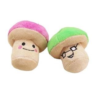 Pink and green mushroom plush squeaky toys with cute facial embroidery for dogs and cats