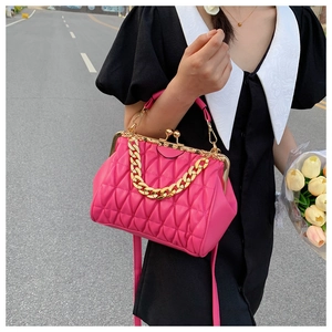 Close-up of pink quilted shell bag with gold chain handle and vintage metal clasp