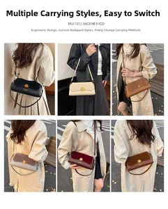 Collage of leather baguette bags in six colors with adjustable straps on outdoor models