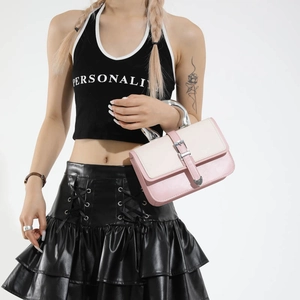 Pink and beige leather handbag with metallic silver handles and Y2K aesthetic design