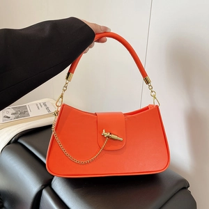 Elegant PU Leather Women Crossbody Shoulder Bag With Gold Chain And Knot Lock Solid Color Fashionable Trendy Underarm Handbag