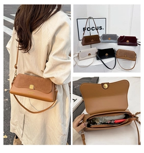 Detailed interior storage view and multiple color options of the retro baguette bag