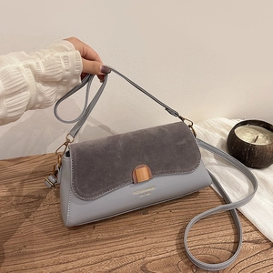 Women French Retro Shoulder Crossbody Bag PU Leather Suede Stitching Metal Clasp Niche Baguette Bag Vintage
