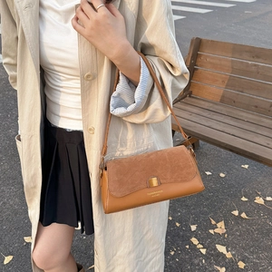 French retro baguette shoulder bag in brown suede and leather with gold buckle