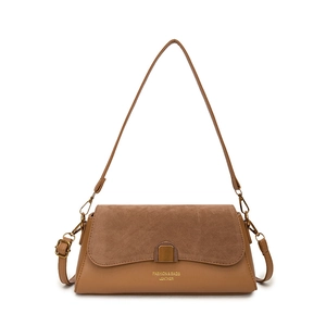 Brown vintage baguette bag in mixed leather finish with gold hardware and shoulder strap