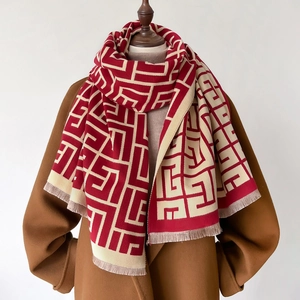 Winter faux cashmere scarf with geometric maze pattern and fringes in burgundy and white