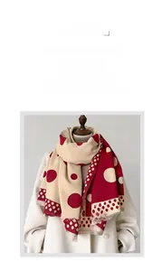 Detail of red and cream polka dot knit scarf on a mannequin with white coat