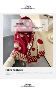 Detail of soft red and white polka dot scarf featuring grey tassels and cashmere feel