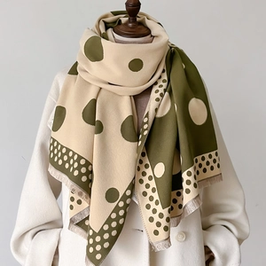 Polka dot knitted scarf with fringe, green and beige warm shawl for women