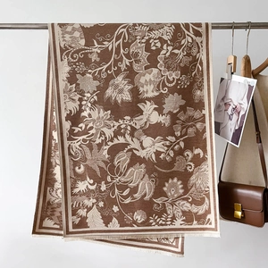 Vintage floral jacquard shawl in coffee and beige with fringe, elegant wool blend cape