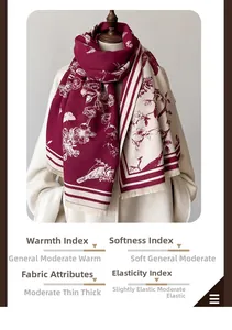 Detailed close-up of retro floral and bird print scarf with thick tassel fringe