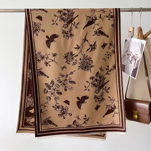 Classic warm camel shawl with vintage bird and floral patterns and elegant fringe trim