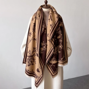 Winter Scarf Shawl Faux Cashmere Warm Thick Vintage Floral Bird Print Double Sided Tassels Fashion Commuter For Women