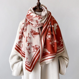 Winter floral cashmere shawl with red bird print and tassels on white coat