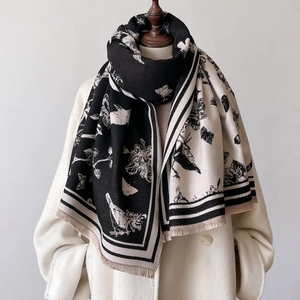 Thick black and white floral cashmere shawl with tassels for winter warmth