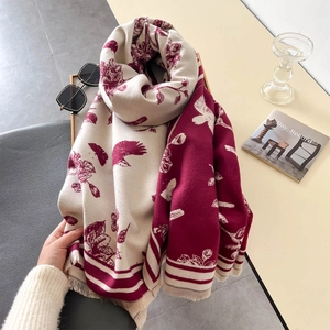 Thick warm cashmere-feel scarf with floral bird jacquard and fringe details