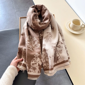 Detail of vintage cashmere-like scarf with classical landscape pattern and fringe
