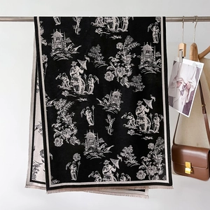 Detail of vintage landscape pattern on thick cashmere scarf with delicate fringes