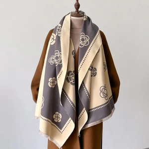 Elegant cashmere-like double-sided scarf with camellia flower pattern and fringe trim