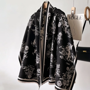Classic black and white Toile de Jouy cashmere blend scarf with elegant fringe detail
