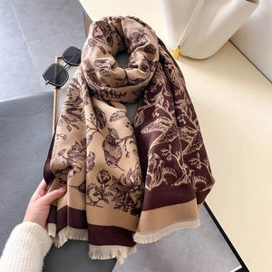 Écharpe vintage élégante à fleurs marron et beige avec franges pour l'automne et l'hiver