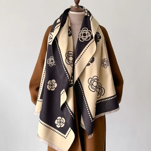 Camellia Pattern Faux Cashmere Scarf Shawl For Women Thick Warm Winter Long Tassel Wrap Double Sided Elegant