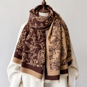Écharpe Châle Hiver Femmes Rétro Imprimé Floral Oiseau Faux Cachemire Chaud Épais Coupe-Vent Élégant Glands Automne Accessoire