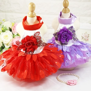 Pet Wedding Dress Party Gown With 3D Rose Flower Sequin Leaf Mesh Tulle For Small Dogs Cats Princess Style Apparel