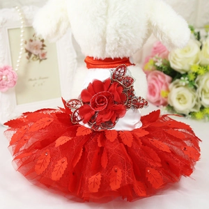 Elegant red and white pet wedding dress with sparkling leaf details and 3D rose flower