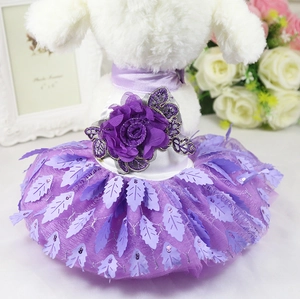 Elegant purple pet wedding dress with leaf mesh layers and rose detail for small dogs and cats