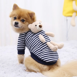 Striped pet dog sweater with 3D teddy bear doll on back for small breeds