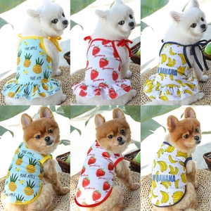 Detalle de ropa de malla transpirable para mascotas con estampados de fresa y plátano