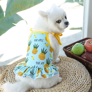 Detalle del vestido para mascota con estampado de piña, tela de malla y dobladillo