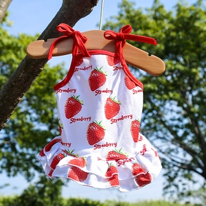Detalle de estampado de fresas en vestido de malla transpirable para mascotas