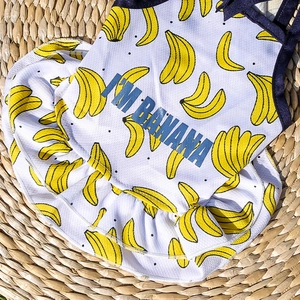 Primer plano del vestido de verano para mascotas con estampado de plátano y malla