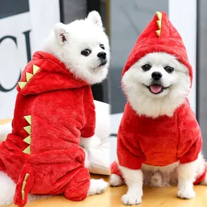Winter pet dog dinosaur costume in red fleece with spines and warm plush lining