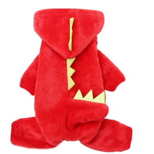 Red dinosaur fleece dog jumpsuit with yellow spine details for winter warmth