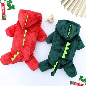 Winter dinosaur pet onesies in red and green soft fleece for small and medium dogs