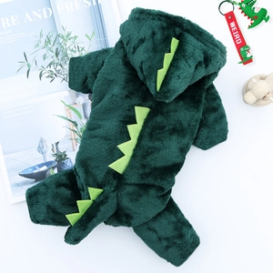 Detail of soft green plush pet costume with decorative 3D dinosaur spikes and tail
