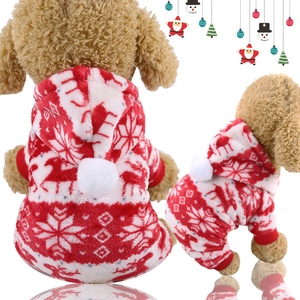 Christmas dog onesie featuring red reindeer patterns and soft flannel warmth