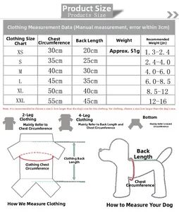 Detailed size guide for dog flannel pajamas showing chest and back length measurements