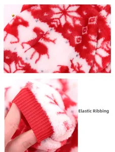 Detail of elastic ribbing cuff and soft flannel fabric on Christmas dog sweater