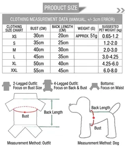 Detailed size chart for flannel dog Christmas pajamas from size XS to XXL with measurements