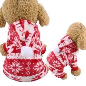 Christmas dog onesie with reindeer pattern and warm flannel hood in festive red and white