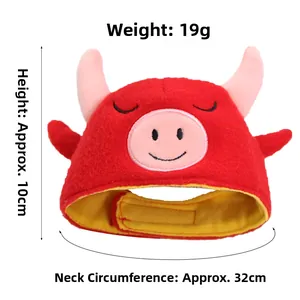 Detail view of red felt pet hat with cartoon horns, size 10cm and 32cm neck girth