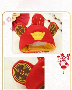 Detail of red festive pet hat with golden embroidery and adjustable velcro closure