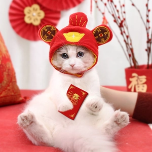Festive red Chinese New Year pet hat with gold ingots and lucky embroidery for small dogs