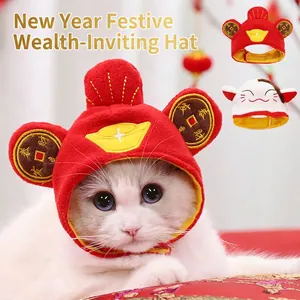 Chinese New Year festive pet headgear with red gold ingot and fortune cat designs